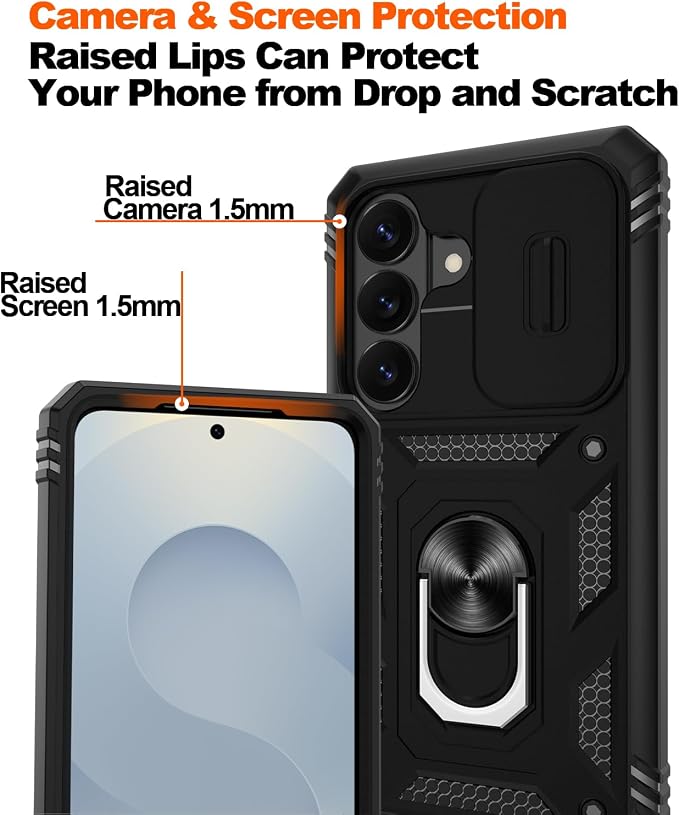 Gritup for Samsung Galaxy S26 Plus Case: 2*Screen Protector | Slide Camera Cover | Build in 360° Rotating Ring Kickstand | Military Grade Protective Cover for Samsung S 26 Plus, Black - Image 5