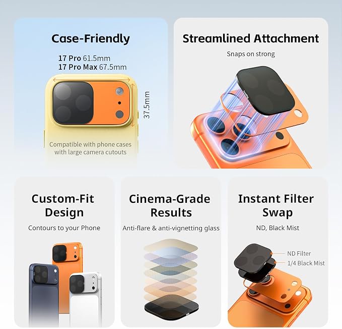 SmallRig Square ND & Black Mist Filter Kit for iPhone 17 Pro Max, Magnetic Lens Filters with Base Mount, Black Mist Diffusion 1/4 Filter/ND2/ND4/ ND8/ND16/ND32, 6 Pack, Blue- 6076 - Image 2