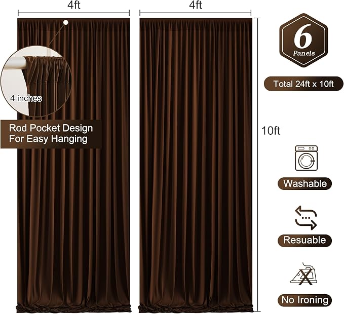 Dark Brown Backdrop Curtains-Wrinkle-Free Polyester Photography Drapes Party Curtain Background for Baby Shower Wedding Decorations- 24 X10FT - Image 2