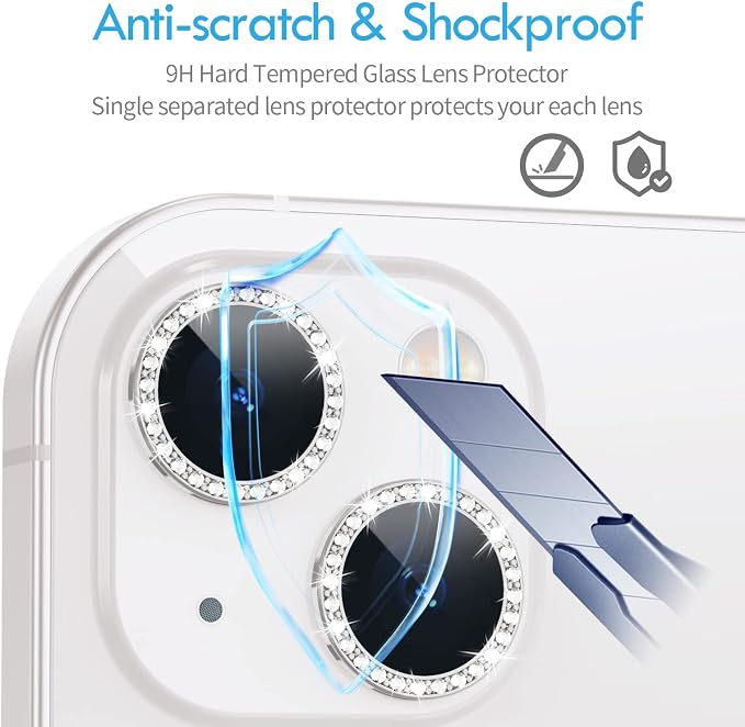 for iPhone 13/13 Mini Camera Lens Protector Bling Diamond, Silver | Individual Metal, 9H Hardness, Scratch Resistant, Shockproof, Drop Protection, Case Friendly, Stylish Accessories - Image 7