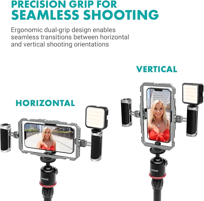 Movo iFilmer-PRO Smartphone Video Rig Kit | Stabilizer Cage with Dual Grips, Wireless Lavalier Microphones, Full Sized Tripod, iPhone/Android - Image 5