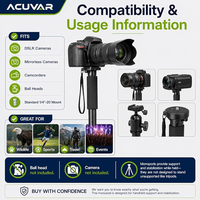 Acuvar Pro Series 72" Camera Monopod with Quick Release Plate, Lightweight 4-Section Aluminum Monopod for DSLR & Mirrorless Cameras, Canon, Nikon, Sony, Fujifilm, Panasonic, Olympus, Pentax - Image 8