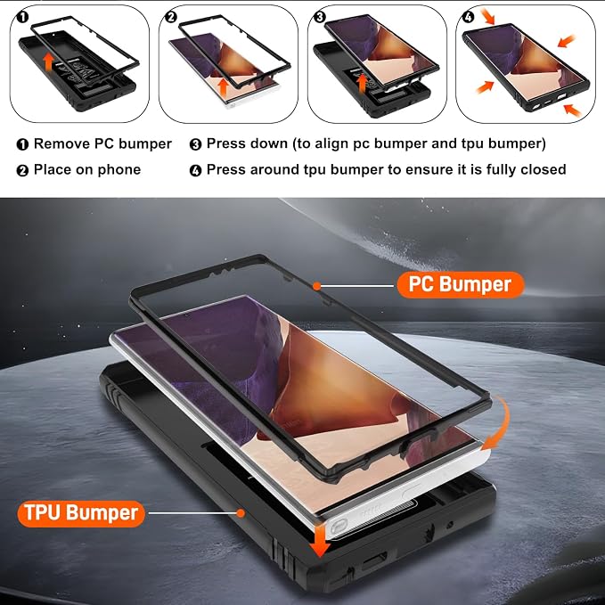 for Samsung Galaxy Note 20 Ultra Case with Screen Protector*2, Note 20 Ultra Phone Case Build in 360° Rotating Ring Kickstand, Military Grade Protective Cover for Note 20 Ultra Phone Black - Image 4