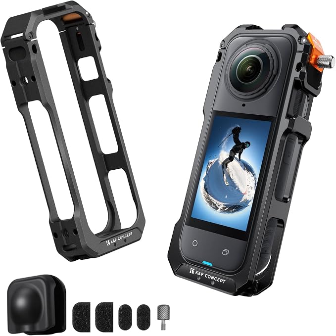 K&F Concept Standard Camera Cage with Silicone Lens Cover for Insta360 X5 | Aluminum Alloy Protective Frame Case |1/4" Screw Hole | 2 Cold Shoe Mounts for Microphone and LED Video Light CI01 by KFCONCEPT