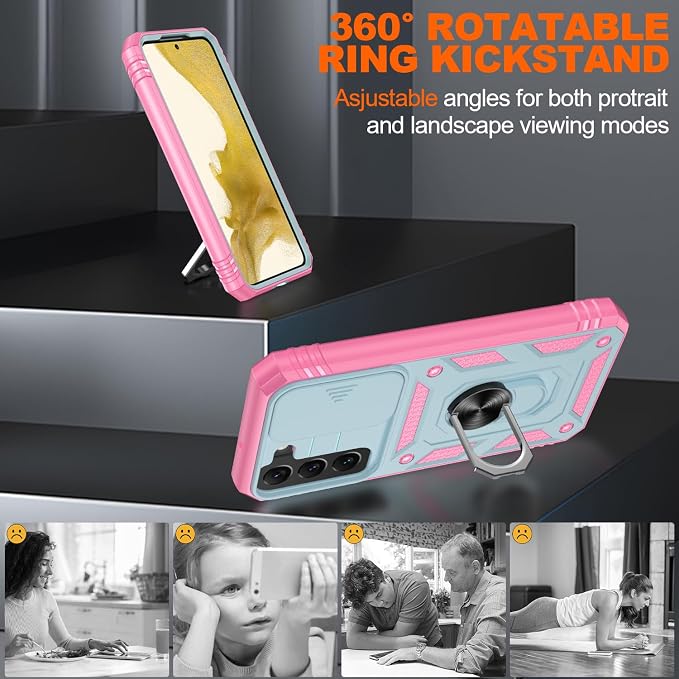 Gritup for Samsung Galaxy S22 Case with Slide Camera Cover & Screen Protector*2, 360 Rotating Ring Kickstand, Military Grade Protective Case for S22 Phone, Green+Pink - Image 8