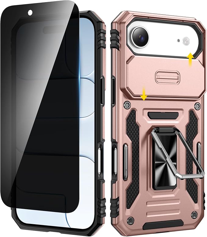 VEGO for iPhone Air Case with Privacy Screen Protector and Kickstand | Slide Camera Cover and Ring Kickstand Military Grade Heavy Duty Protection Cover for iPhone 17 Air 6.5 Inch - Rose Gold by VEGO