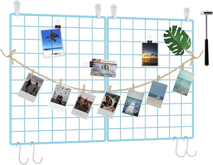C&AHOME Photo Wall Grid Panel Set of 2, Decor Grid Panel, 15.7" 11.8", Blue | Photo Display Shelves, Wall Storagae Organizer, Hooks, Clips, Hemp Cord, Hammer by CAHOME