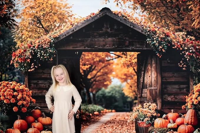 Kate Fall Backdrop Thanksgiving Backdrops for Photography Fall Maple Leaves Pumpkin Barn Door Backgrounds, 7x5ft - Image 4