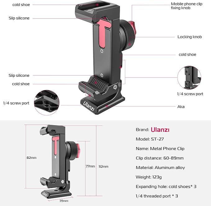 Metal Phone Tripod Mount 3 Cold Shoes & Arca Port, 360° Smartphone Tripod | Adapter for iPhone 17 16 15 Cell Phone Stand Holder for Desktop Video Live Streaming Vlogging Rig - Image 7