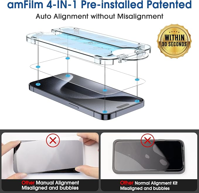 amFilm OneTouch for iPhone 15 Pro Max Screen Protector 6.7'' Tempered Glass | Auto-Alignment, 30s Install, Bubble Free, Scratch & Drop Protection, HD Clear, Camera Lens Protector, 2+2 Pack (15P-6.7'') - Image 2