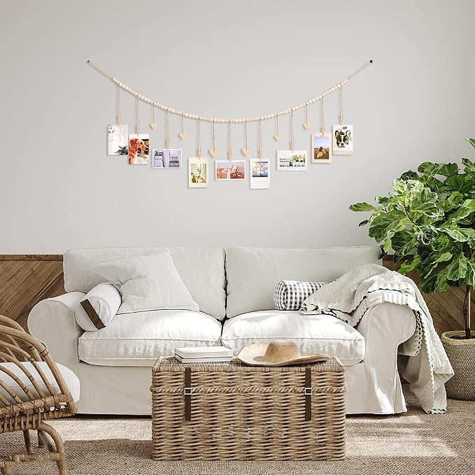 KLOGTSIND Hanging Photo Display with Clips, Wood Bead String Photo Banner | 9 Wooden Clips, Boho Picture Frames Collage Wall Decor, Photo Hanger for Bedroom, Office, Dorm Decor - Image 6