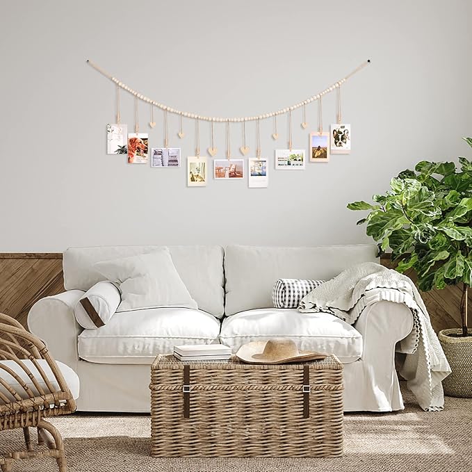 KLOGTSIND Hanging Photo Display with Clips, Wood Bead String Photo Banner | 9 Wooden Clips, Boho Picture Frames Collage Wall Decor, Photo Hanger for Bedroom, Office, Dorm Decor - Image 6