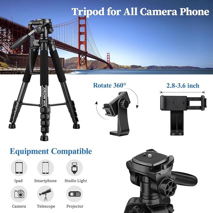 JOILCAN 74" Tripod for Camera Phone Video Recording Photography | Heavy Duty, Professional Travel Tripod, with Phone Clip and Carry Bag, Compatible with DSLR Canon iPhone, Max Load 15 LB - Image 3