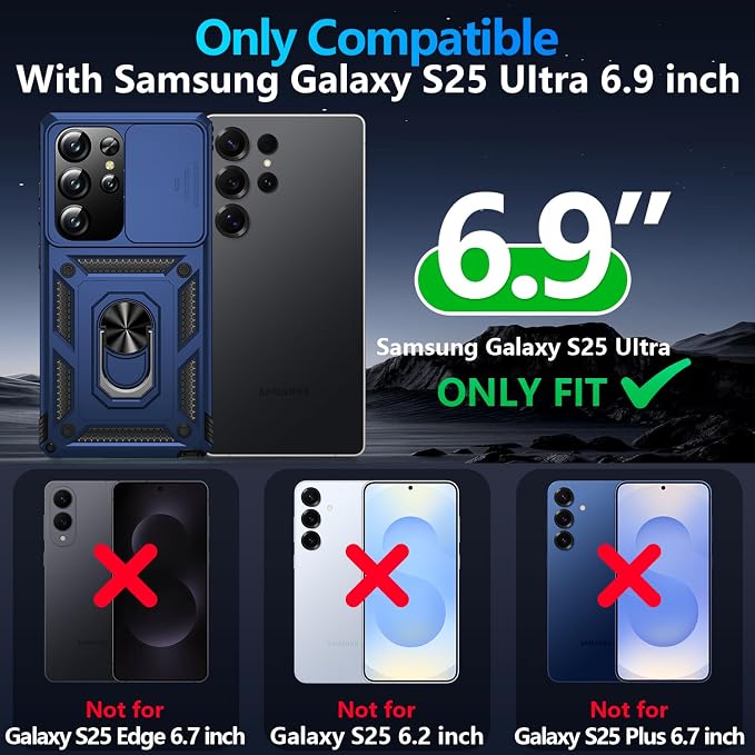 Taisairu for Samsung Galaxy S25 Ultra Case with Screen Protector & Slide Camera Lens Cover, Built-in Magnetic Ring Stand Shockproof Protective Phone Case for Samsung S25 Ultra Case (Blue) - Image 9