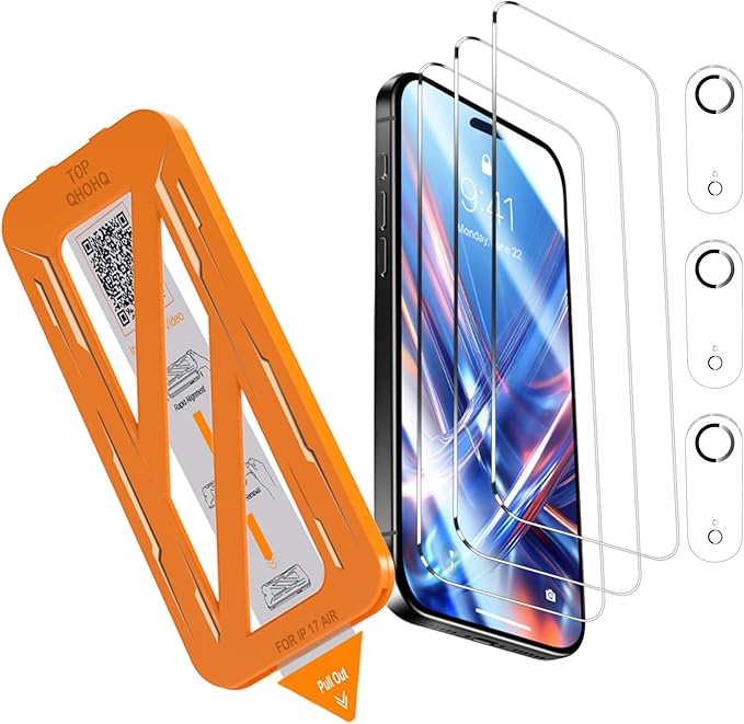QHOHQ [1-Second Auto-Install] 3 Pack Screen Protector for iPhone Air + 3 Pack Camera Lens Protector, 9H+ Shatterproof Tempered Glass for iPhone 17 Air, [12FT Military Grade Protection], Case Friendly by QHOHQ
