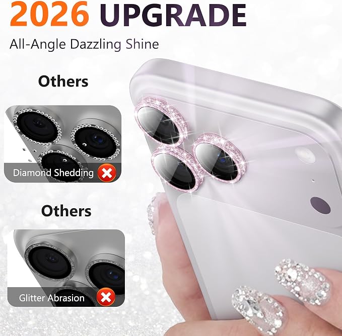 YWXTW [All-Over Glitter] Camera Lens Protector for iPhone 17 Pro Max/17 Pro/16 Pro Max/16 Pro/15 Pro Max/15 Pro/14 Pro/Max, 9H Tempered Glass Camera Cover, Anti-Scratch Case Friendly (Pink) - Image 2
