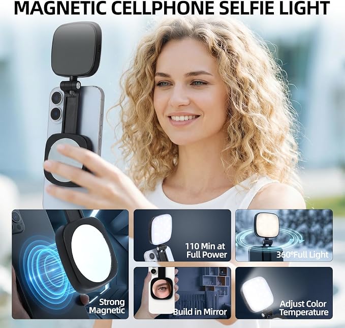 Magnetic Selfie Light, Compatible with MagSafe iPhone, CRI 95, 5 Color Modes, Rechargeable LED Phone Light with Mirror, Portable Ring Light for Vlog Makeup Photography Video Recording, Black - Image 2