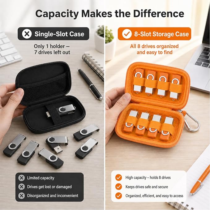 ALKOO Flash Drive Case USB Storage Case, Thumb Drive Holder, Holds 8, Black | Hard Shell, 8 Elastic Slots for USB Drives and SD/Memory Cards, Portable Travel and Office Organizer, Case Only, Black - Image 6