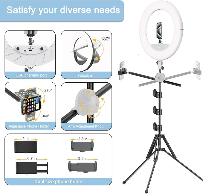 55W18 45cm Ring Light Kit [New Version] 6700K Dimmable LEDRinglightTripod Stand Dual Phone Holder for iPhone Selfie Makeup LashTattoo Studio Lighting Painting,Photo Video Recording (White) - Image 4