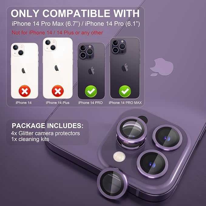 Choiche for iPhone 14 Pro/iPhone 14 Pro Max Camera Lens Protector | Ultra HD, 9H Tempered Glass Camera Cover Screen Protector Metal Ring Decoration Accessories (Purple) - Image 2
