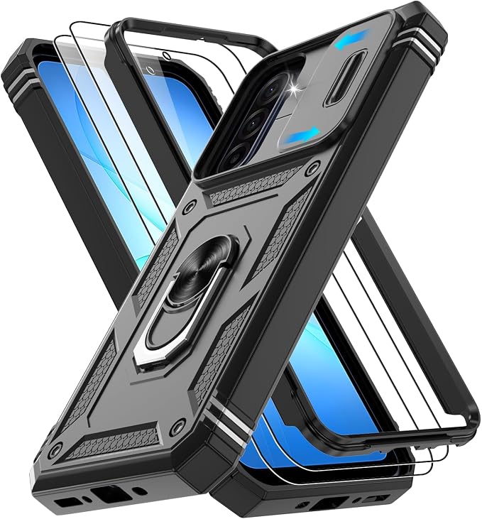 Gritup for Samsung Galaxy A17/A16-5G Phone Case with Camera Cover | 2*Screen Protector & 360° Rotating Ring Kickstand, Military Grade Protective Cover para Samsung A 17, Black by Gritup