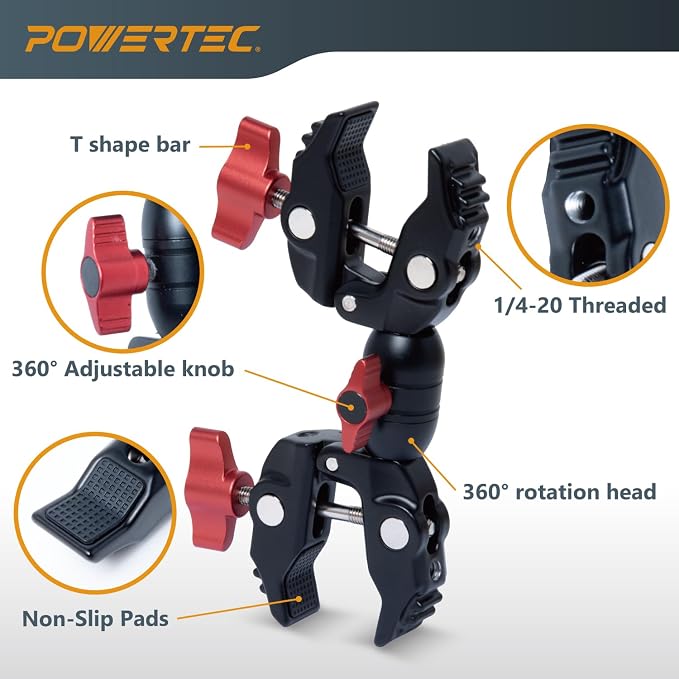 POWERTEC Double Super Clamp Camera Mount with Two 1/4"-20 Mounting Holes for Magic Arm, Desk, Umbrella, Bike, Photography Lighting, Softbox (71924) - Image 3
