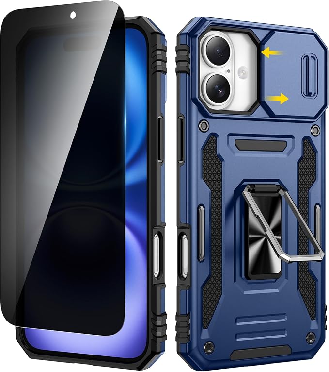 VEGO for iPhone 16 Plus Case with Privacy Screen Protector and Kickstand | Slide Camera Cover and Ring Kickstand Military Grade Heavy Duty Protection Cover for iPhone 16 Plus 6.7 Inch - Blue by VEGO