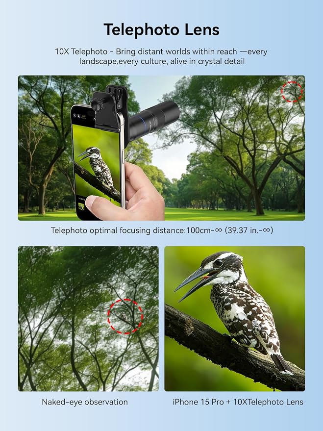 MIAO LAB 10X Telephoto + 200mm Macro Lens for iPhone, 2-in-1 Telephoto & Macro with Universal Clip, Compatible with iPhone 17/16/15/14/13 Series, Samsung, Pixel & Most Android Phones - Image 3
