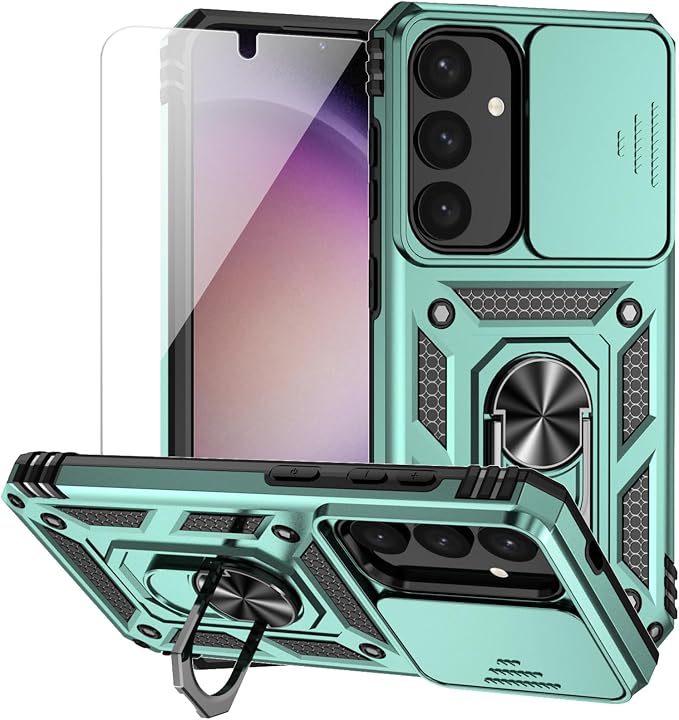 for Samsung Galaxy S24 Plus Case with Camera Lens Cover HD Screen Protector, Military-Grade Drop Tested Magnetic Ring Holder Kickstand Protective Phone Case for Samsung Galaxy S24 Plus (Dark Green) by M+MAIKEZI