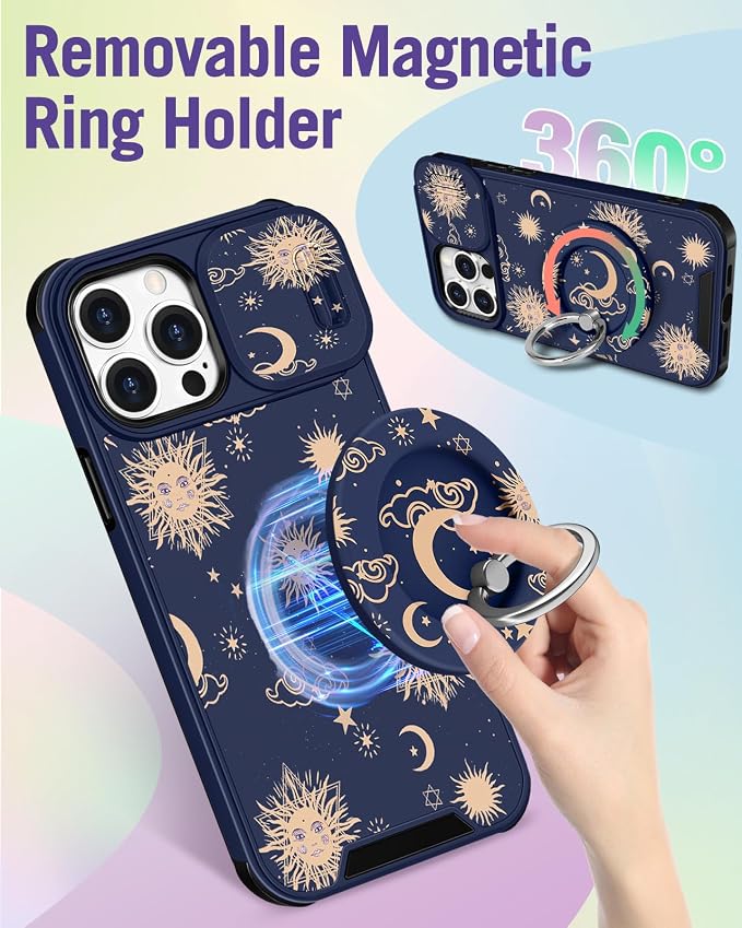 Buleens for iPhone 15 Pro Max Case 6.7 Inch - with Ring Stand & Camera Cover Aesthetic Cute Designed Women Girls Girly Kawaii Sun Moon Star Phone Case for iPhone 15 Pro Max Compatible with Magsafe - Image 5