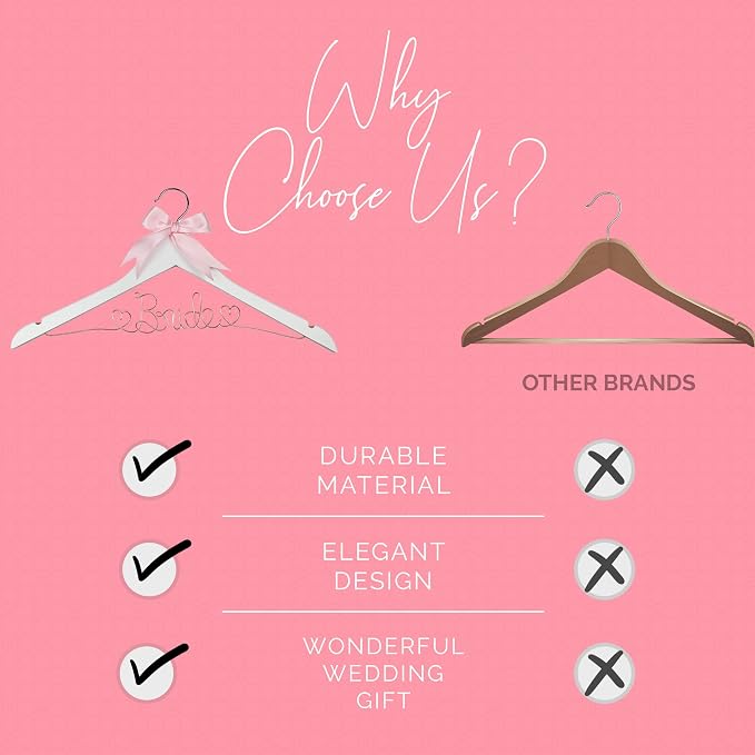 Bride Hanger for Wedding Dress, Wooden Gown Display with White Finish, Elegant Keepsake for Ceremony Photos, Bridal Shower Gift, Getting Ready Accessory for Special Day (White Wood Rose Gold Wire) - Image 7