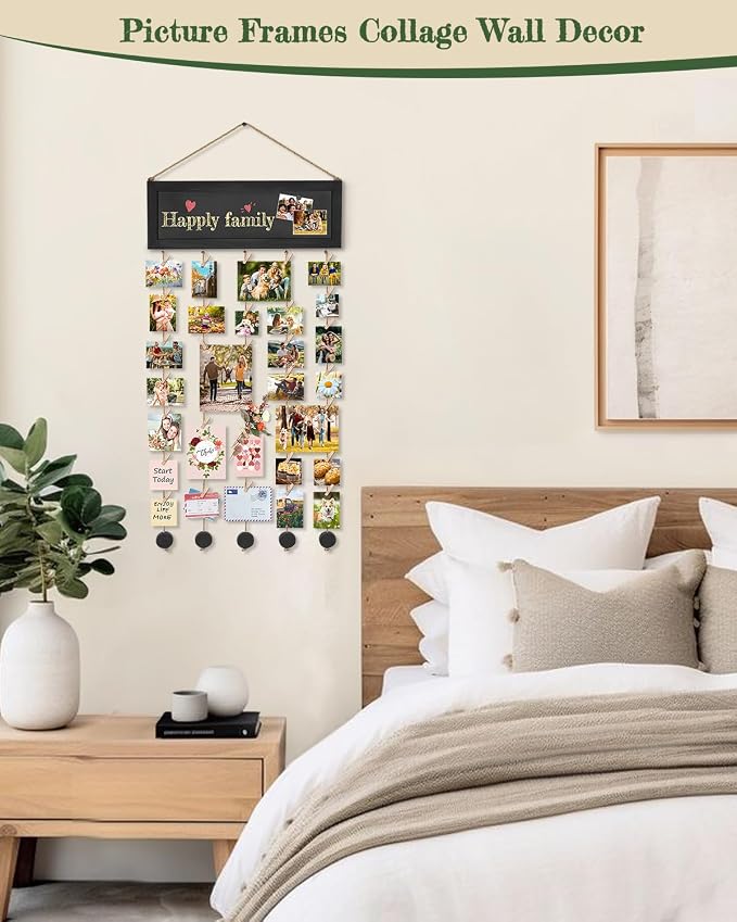 Bikoney Hanging Picture Frame Collage with Blackboard - Vintage Black | Rustic Wood Polaroid Board with 30 Clips, Photo Display for Wall Decor & Dorm Room, Perfect Graduation Gift Idea - Image 2