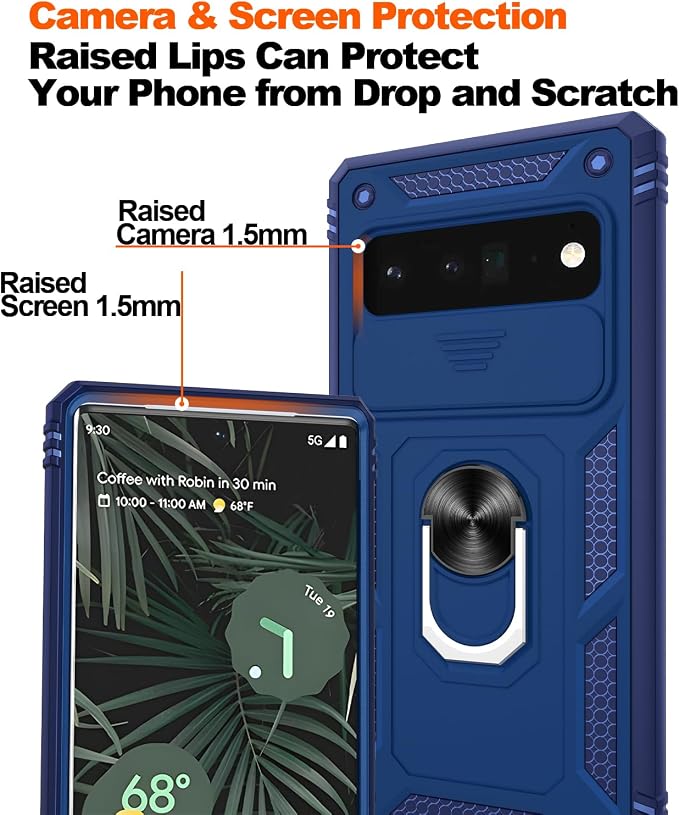for Google Pixel 6 Pro Case with Slide Camera Cover & Screen Protector (2 PCS), Pixel 6 Pro Case Build in 360° Rotating Ring Kickstand, Military Grade Protective Case for Google 6 Pro Case, Blue - Image 3