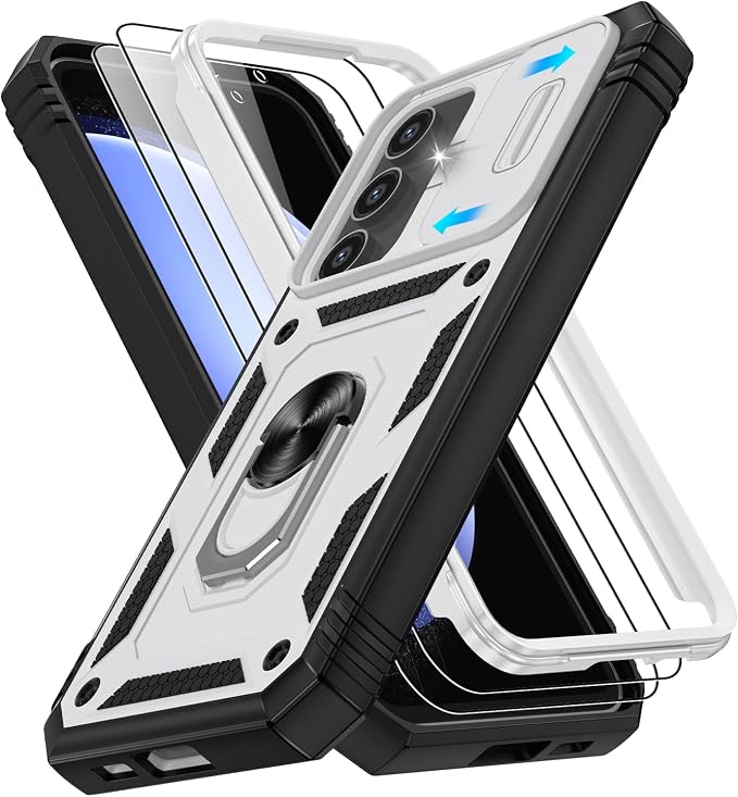 Gritup for Samsung Galaxy S23 FE Case with 2PCS Screen Protector, Build in 360° Rotating Ring Kickstand, Military Grade Protective Case for S23 FE Phone, White+Black by Gritup
