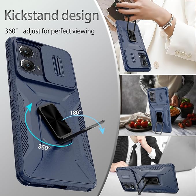for Moto Edge 2024 Case,with Sliding Camera Lens Cover,HD Screen Protector,360° Rotating Ring Kickstand, Military-Grade Shockproof Protective Cover for Motorola Moto Edge 2024,Blue - Image 5