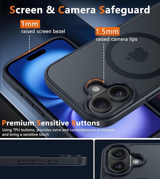 FNTCASE for iPhone 16 Case, Fit for Magsafe, Screen Protector, Black | Translucent Matte Magnetic Back, 14FT Military Grade Drop Protection, Shockproof Protective Phone Cover - Image 6