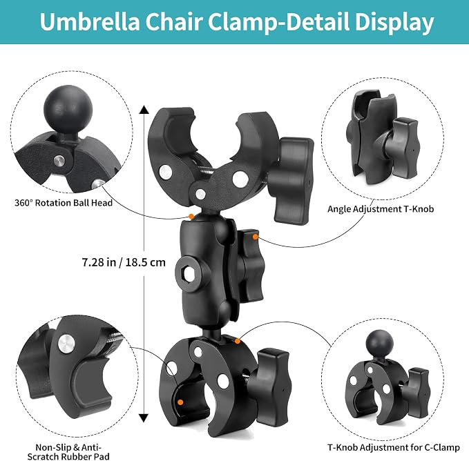 Double Clamp Mount Umbrella Chair Clamp with 360° Magic Arm, Umbrella Holder Clip for Chair Wheelchair Stroller Light Stand, Photography Reflector, Motorcycle, Live Scope Pole, Photo Boom Stand - Image 4