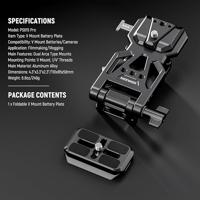 NEEWER Foldable V Mount Battery Plate with Arca Type Baseplate, PS015 PRO | Quick Release Camera Base Plate, Lightweight DSLR Video Rig, Compatible with SmallRig V Mount Battery Cage DJI RS4 RS3 Gimbal - Image 9