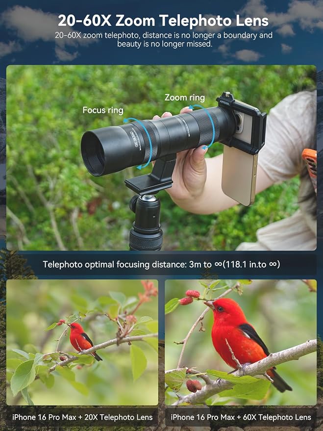 MIAO LAB 20-60X Zoom Telephoto Lens, High Power Telephoto Mobile Cell Phone Lens with Tripod & Universal Phone Clip, for iPhone 17/16/15/14/13 Series, Samsung, Android and Most Smartphone - Image 3