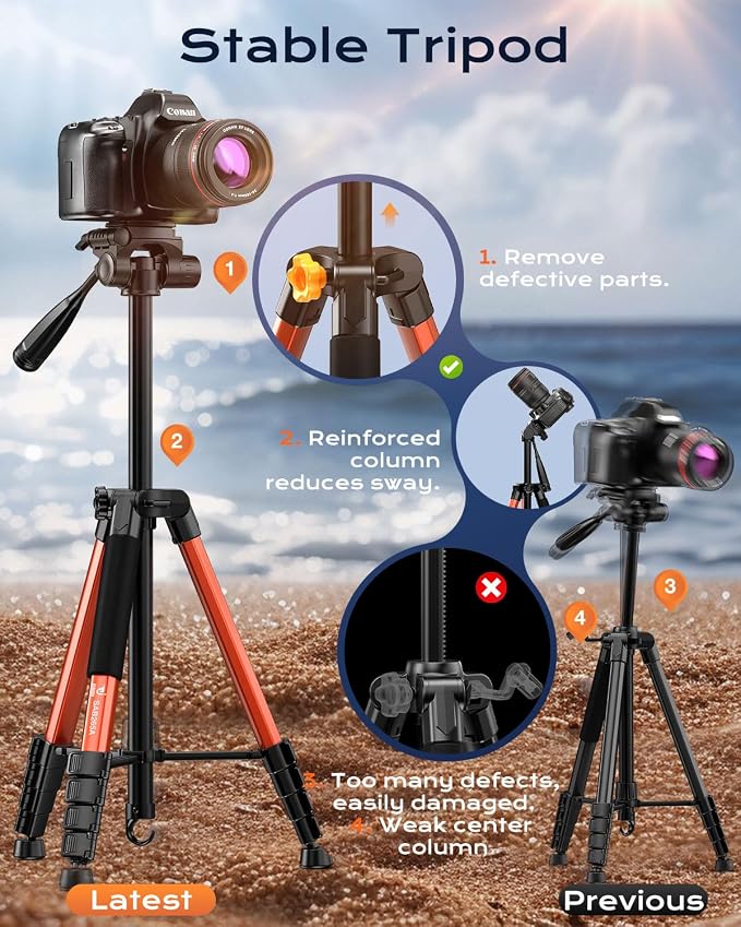 73" Camera Tripod, Aluminum Travel Tripod for Camera & Phone, Orange | DSLR Tripod with Phone Holder, Quick Release Plate, Travel Bag, Compatible with GoPro Camcorder, 8.8 lbs Load - Image 2
