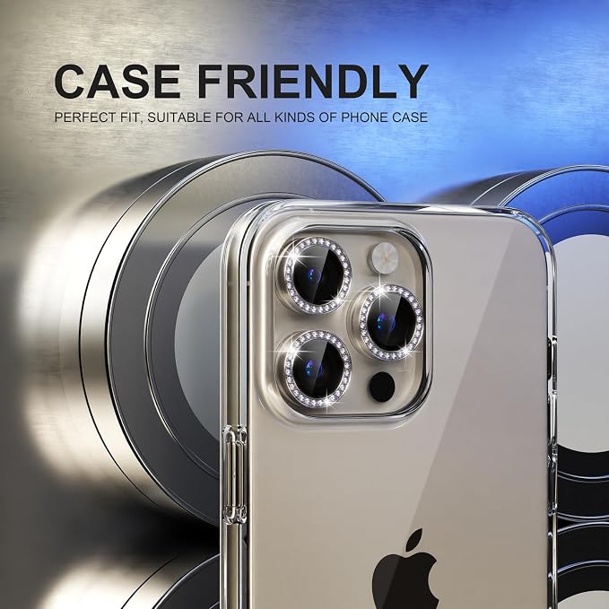 Choiche for iPhone 15 Pro/iPhone 15 Pro Max Camera Lens Protector | Ultra HD, Bling 9H Tempered Glass Camera Cover Screen Protector Metal Ring Decoration Accessories (Diamond-Titanium Natural) - Image 4