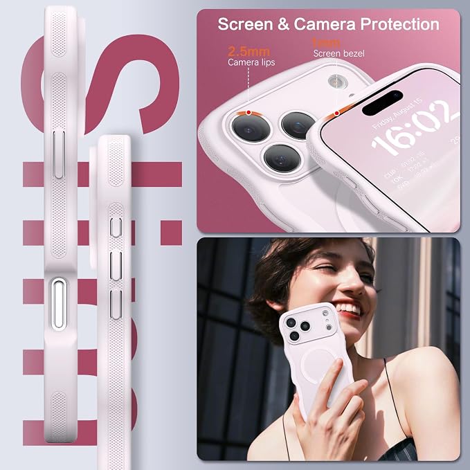 BENTOBEN Magnetic for iPhone 17 Pro Max Case, Cute Wavy [Full Camera Protection][Compatible with MagSafe] Matte Anti-Slip Bumper Women Girls Boys Protective Cover for 17 ProMax 6.9", Gray-Pink - Image 6