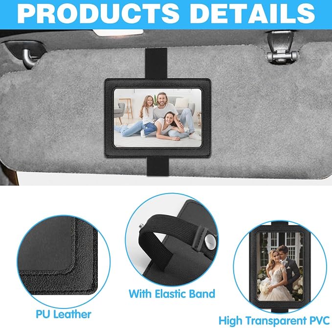 Leather Car Visor Picture Holder Photo Clip Fits 5-Inch Car Picture Frame Displays Your Photographs Sun Visor Car Photo Holder Black Both Horizontally And Vertically, Photo Car Visor Clip for Vehicle - Image 3