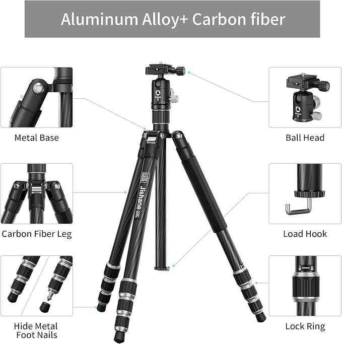 Carbon Fiber Camera Tripod, 62" Professional Video Tripod for Camera with 360° Ball Head, 1/4" Arca QR Plate, Compact Lightweight Travel Monopod for DSLR/Smartphone, Max Load 17.6 lbs/8kg - Image 9
