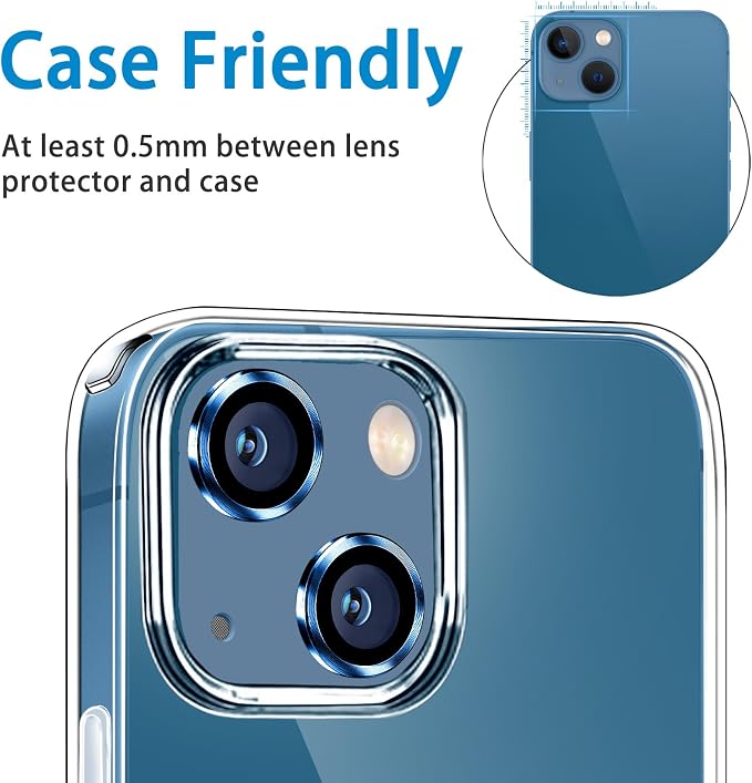 for iPhone 13 Mini/iPhone 13 Camera Lens Protector, Anti-Scratch 9H Tempered Glass Metal Camera Screen Protector Shockproof Cover Film Ring -2 Pcs Blue - Image 2