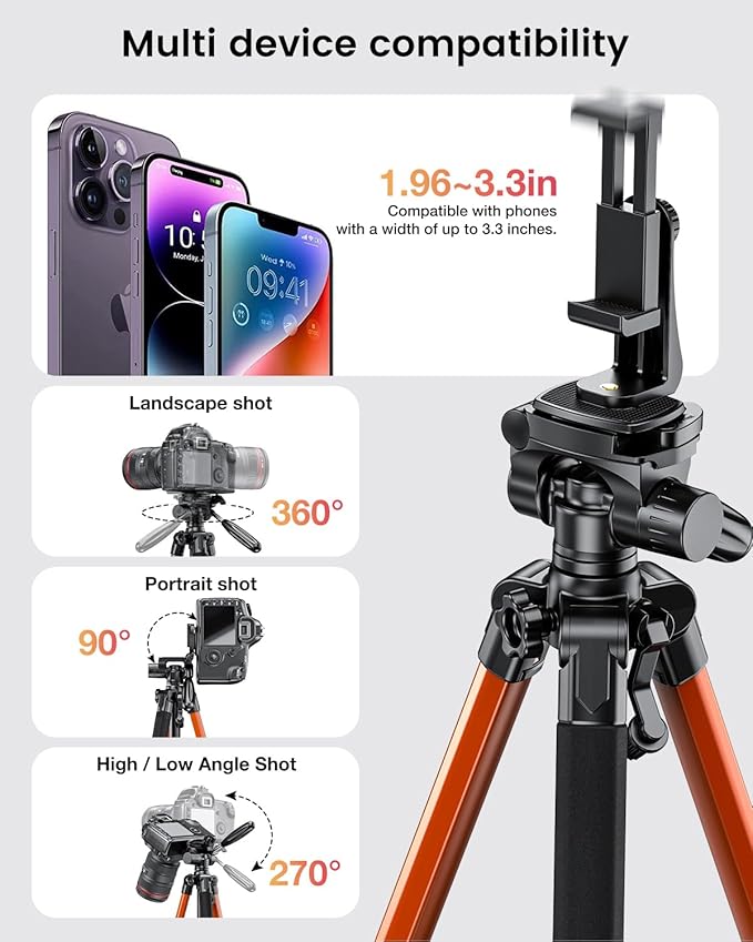 CAMBOFOTO 74″ Camera Tripod, 360° Aluminum Lightweight Tripod/Orange | Heavy‐Duty Professional Tripod Stand for DSLR & Mirrorless Cameras/Smartphones/GoPro, with 360° Pan Head/Phone Mount - Image 5