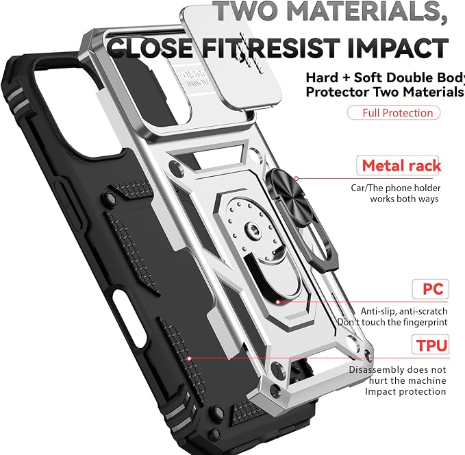 SunStory Compatible with iPhone 17 Case with HD Screen Protector & Slide Camera Cover & Rotated Ring Kickstand, [Military-Grade] iPhone Case for iPhone 17, Silver - Image 8