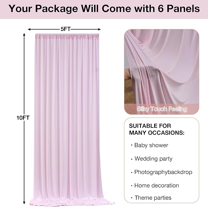 30ftx10ft Wrinkle Free Light Pink Backdrop Curtains for Parties, Silky Polyester Photo Backdrop Drapes 6 Panels 5x10ft Back Drop Cloth for Wedding Birthday Baby Shower Photography Background - Image 3