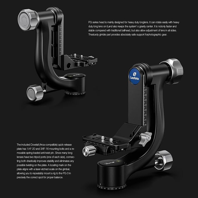 Leofoto Gimbal Head, Compact Outdoor Shooting Gimbal Head with 360° Pan Rotation, 3/8"-16 Mounting Hole and Arca-Type Clamp for DSLR/Camcorder/Camera/Telephoto, Max Load to 30kg /66.14 lb (PG-4-Black) - Image 3