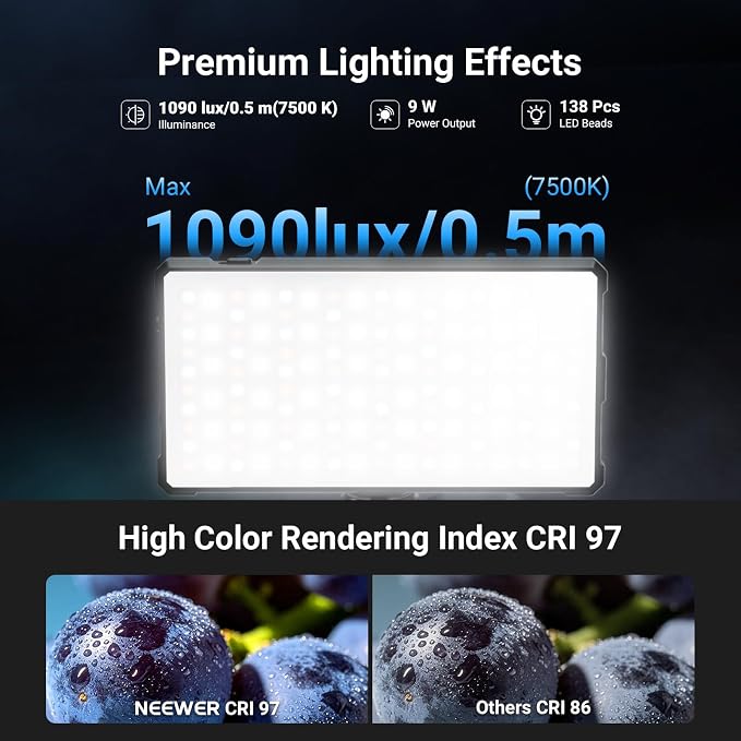 NEEWER Basics RGB Video Light, 9W 2700K-7500K Portable Full RGB Colors 17 Scenes CRI97, 4000mAh Rechargeable Metal Small LED Camera Panel Lighting for DSLR Tripod Streaming Video Recording, SL90C - Image 5